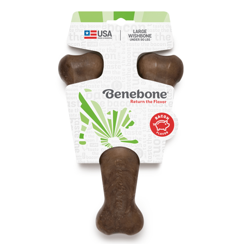 A large wishbone-shaped dog chew toy in its package