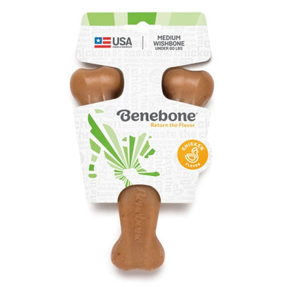 A medium wishbone-shaped dog chew toy in its package