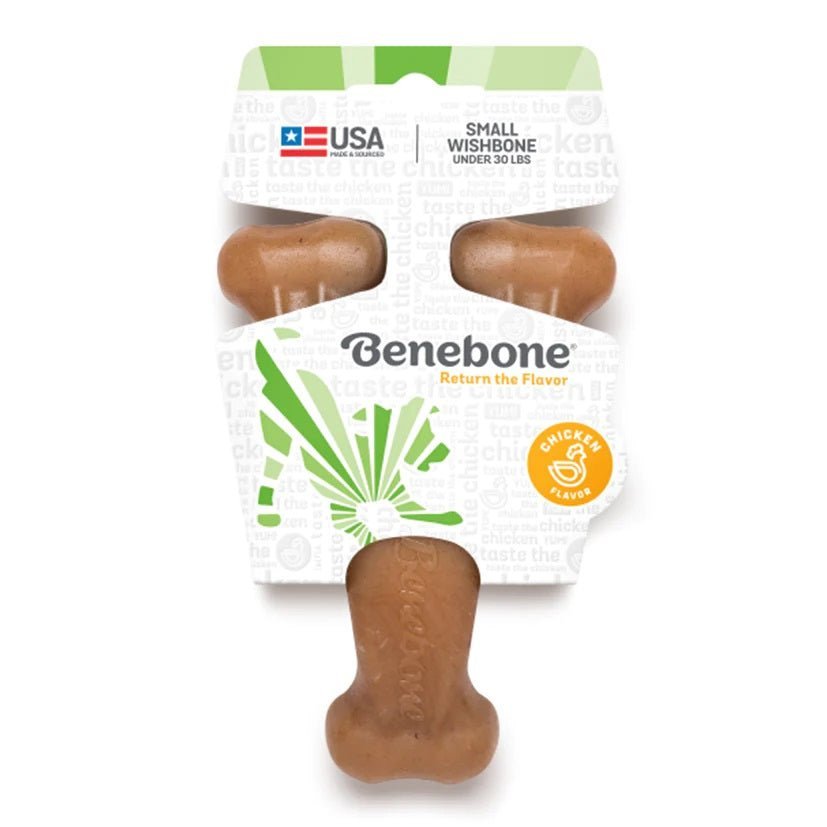 A small wishbone-shaped dog chew toy in its package