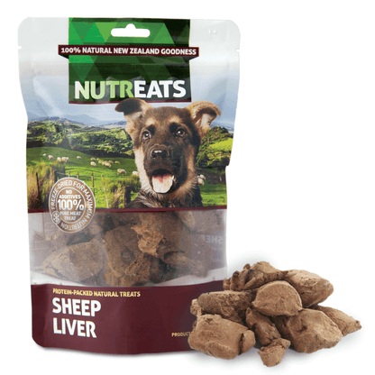The front of a packet of sheep liver with the sheep liver next to the package.