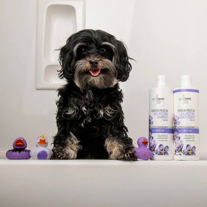 A dog standing next to a white bottle of dog shampoo with flowers on the bottle