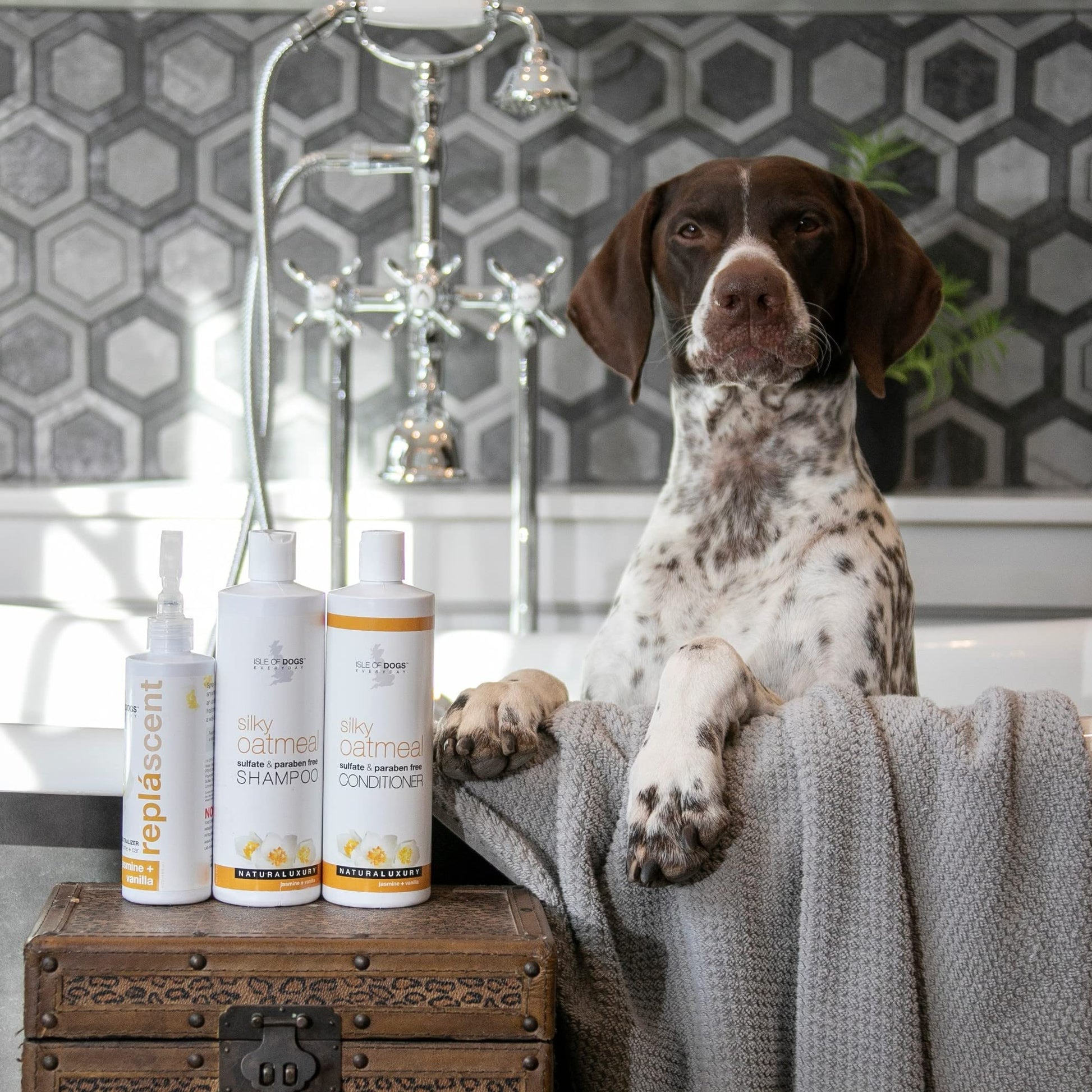 A dog standing next to a white bottle of dog shampoo with white flowers on the bottle
