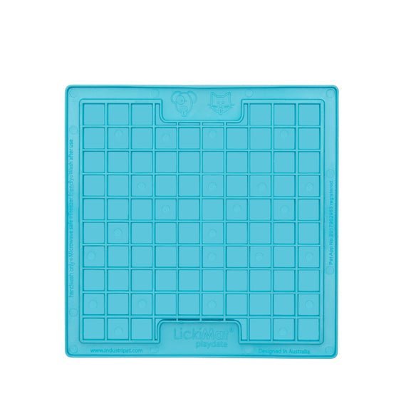 A turquoise square rubber mat that has small squares inside.