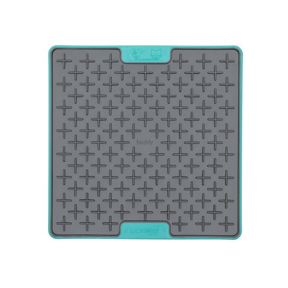 A turquoise square hard case rubber mat with plus signs inside.