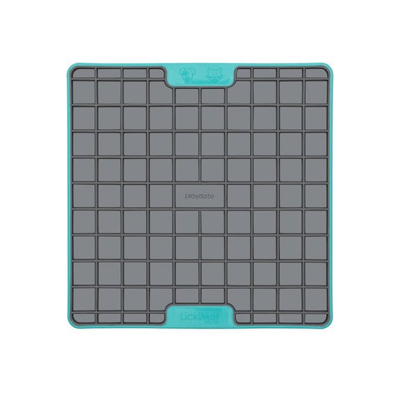 A turquoise square hard case rubber mat with squares inside.