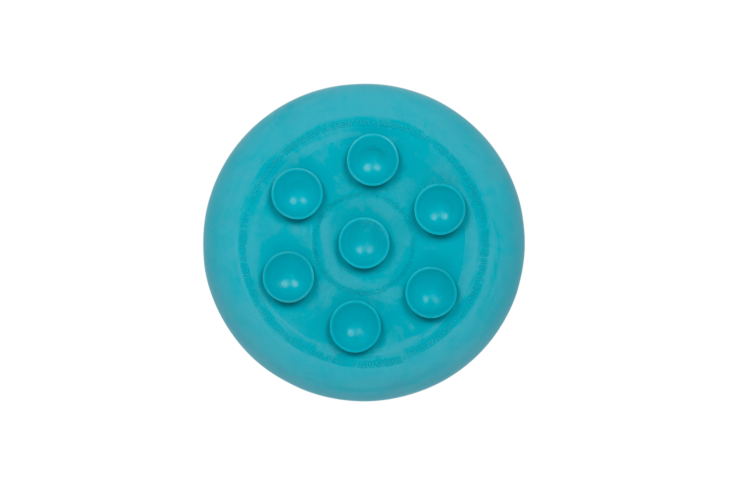 A turquoise rubber bowl back with suction cups at the back.