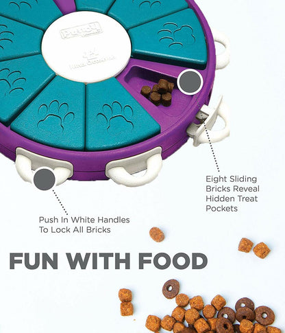 A round dog treat puzzle with nine slots is used to hide dog treats with product instructions.