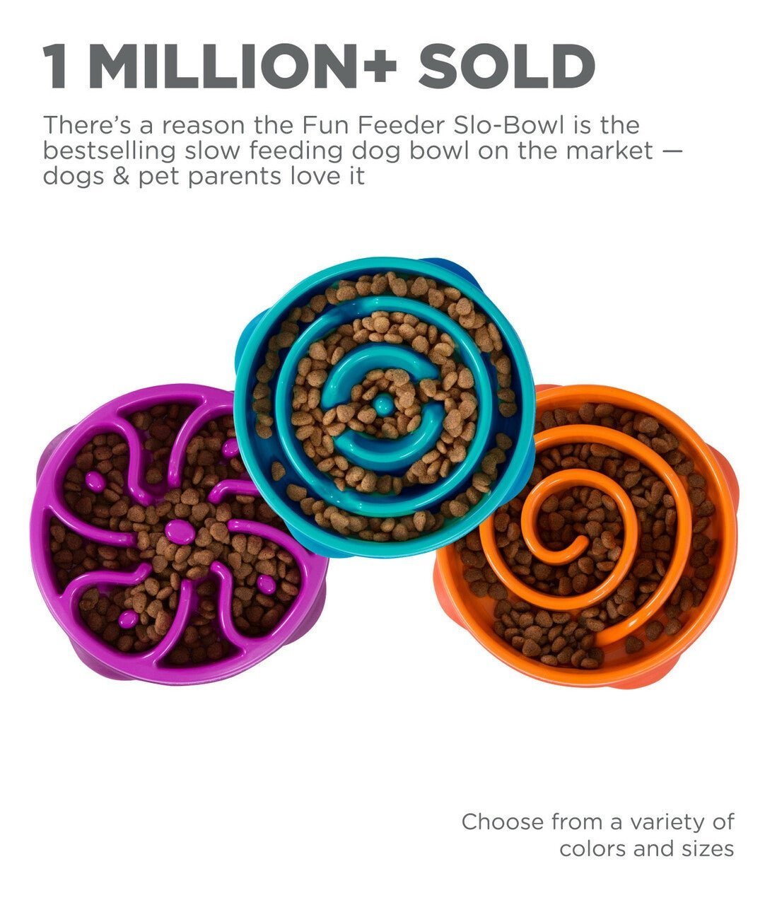 A purple, teal and orange round slow feeder dog bowl with food in the slow feeder