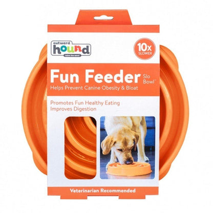 An orange round slow feeder dog bowl in its packet