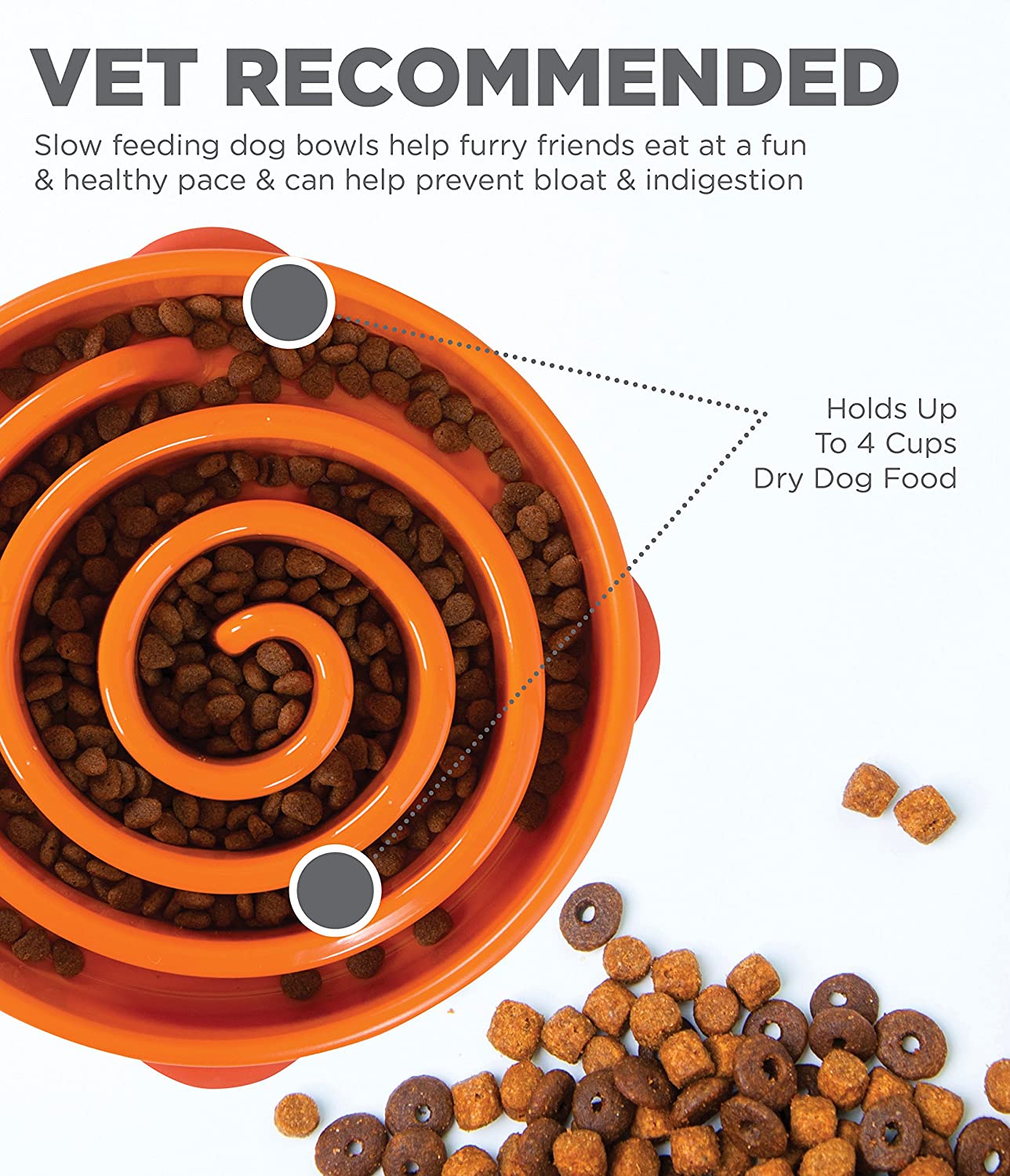 An orange round slow feeder dog bowl with food in the slow feeder