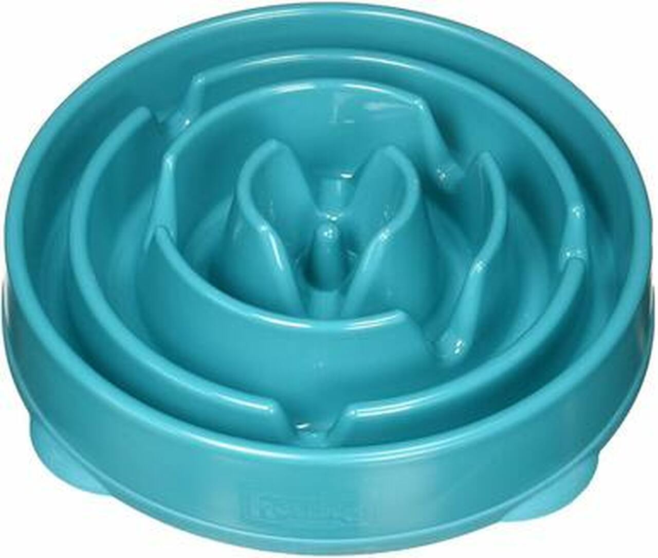 An teal round slow feeder dog bowl
