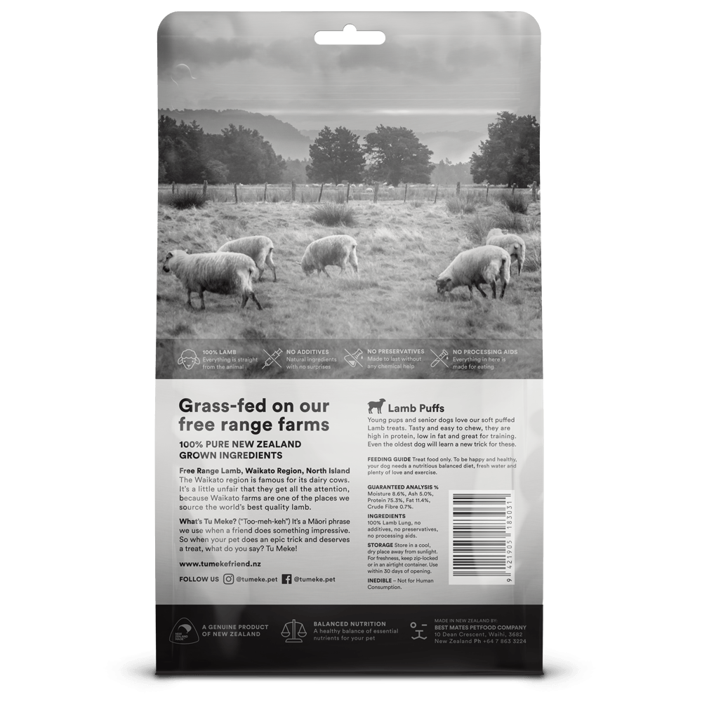 Back of a packet of Tu Meke air dried lamb lung puffs dog treats