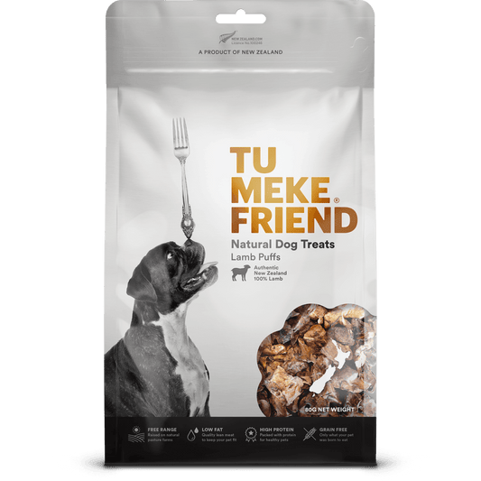 Front of a packet of Tu Meke air dried lamb lung puffs dog treats