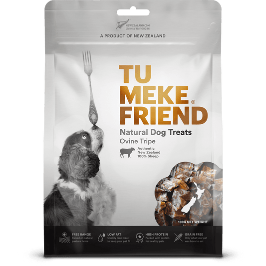 Front of a packet of Tu Meke Air dried ovine tripe dog treats