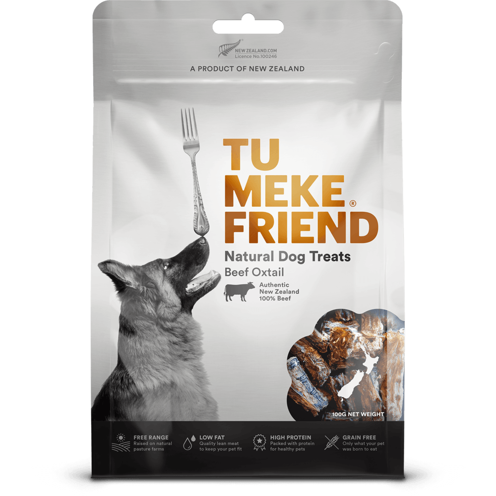Front of a Tu Meke air dried beef oxtail dog treats