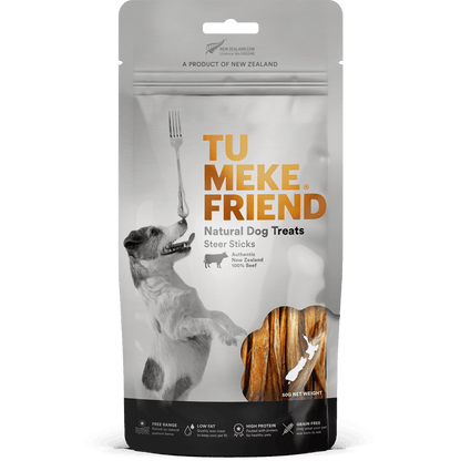 Front of a packet of Tu Meke air dried steer stick dog treats
