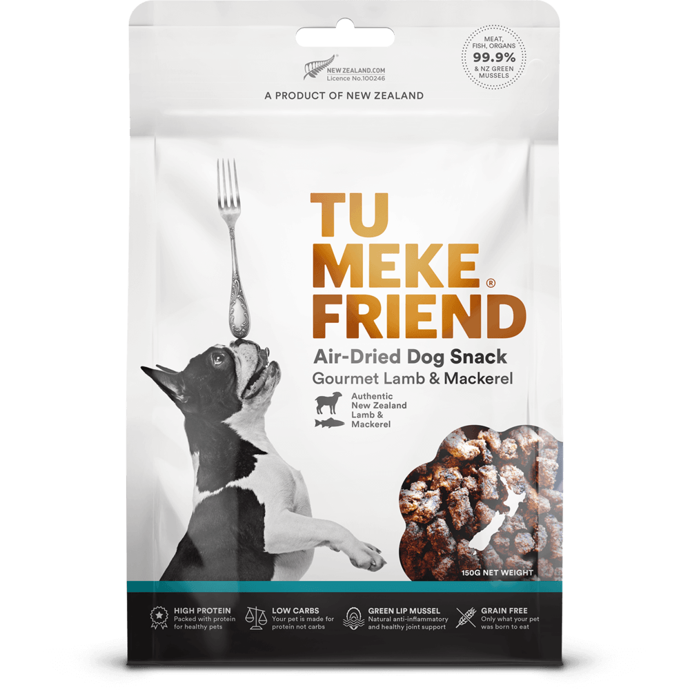 Front of a packet of Tu Meke lamb and mackerel dog treats