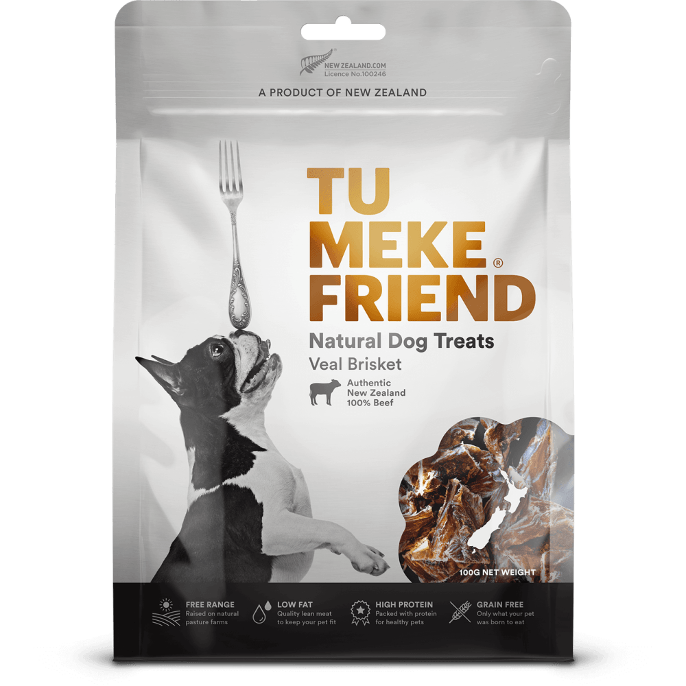 Front of a packet of Tu Meke veal brisket dog treats