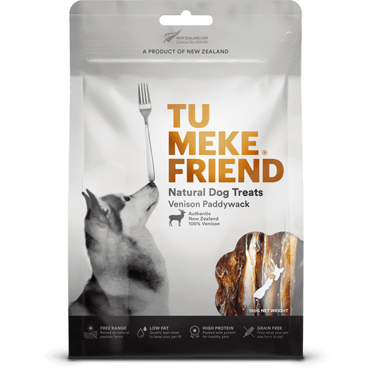 Front of a packet of Tu Meke venison paddywack dog treats