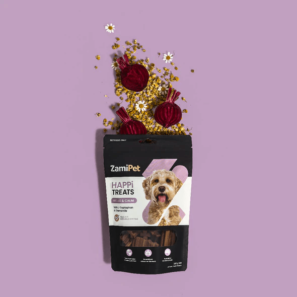 A packet of Relax and Calm Dog Treats with the ingredients coming out the top of the packet.