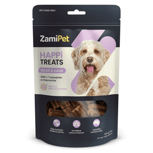 A packet of Relax and Calm Dog Treats with a dog on the packet