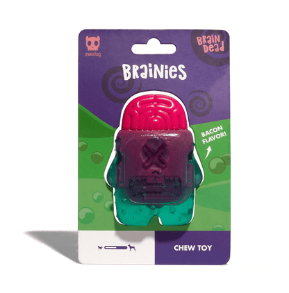ZeeDog Brain Dead chew toy with brains on top in its packaging