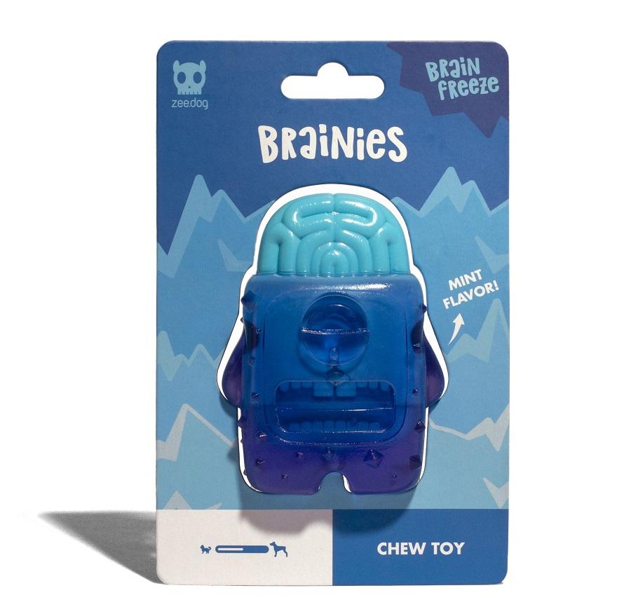 ZeeDog Brain Freeze blue chew toy with brains on top in its packaging